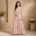 Women’s Blush Pink Embroidered Indo-Western Three-Piece Set with Sleeveless Top, Flared Bottom and Dupatta