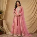 Women’s Pink Embellished Anarkali Gown with Dupatta, Heavy Neck Work, 3/4 Sleeves