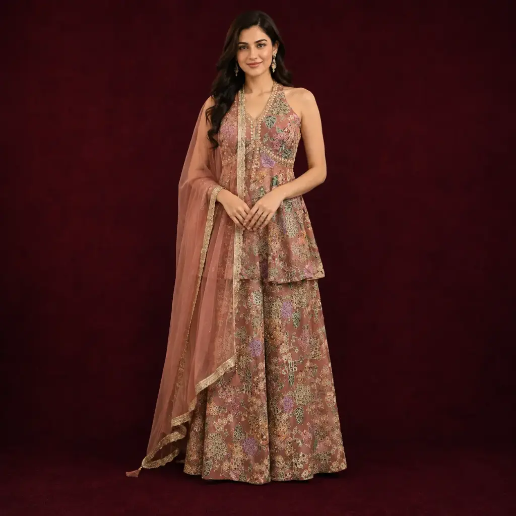 Dusty Rose Floral Embroidered Halter Peplum Top n Palazzo Set with Sheer Dupatta