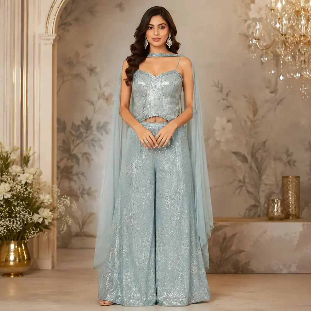 Ice Blue Sequin Crop Top Palazzo Set with Sheer Dupatta Cape,Designer Party Wear for Women