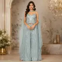 Ice Blue Sequin Crop Top Palazzo Set with Sheer Dupatta Cape,Designer Party Wear for Women