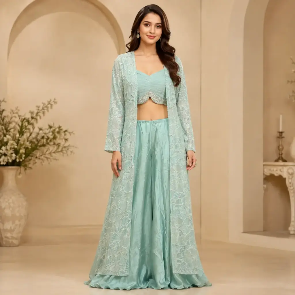 Pastel Mint Green Embroidered Crop Top Palazzo Set for Women with Designer Shrug n Blouse