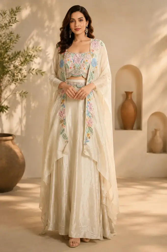 Ivory Embroidered Ethnic Co-Ord Set for Women with Floral Mirror Work Cape, Crop Top n Wide-Leg Palazzo Pants