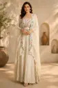 Ivory Embroidered Ethnic Co-Ord Set for Women with Floral Mirror Work Cape, Crop Top n Wide-Leg Palazzo Pants