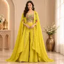 Women’s Yellow Embroidered Crop Top Palazzo Set with Long Cape Dupatta, Designer Festive Ethnic Wear for Wedding n Party Occasions