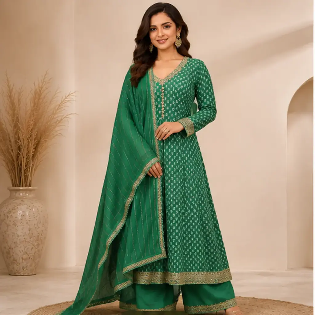 Women’s Green Printed Anarkali Suit Set with Palazzo Pants n Striped Dupatta, Embroidered Ethnic Wear for Festive n Wedding Occasions
