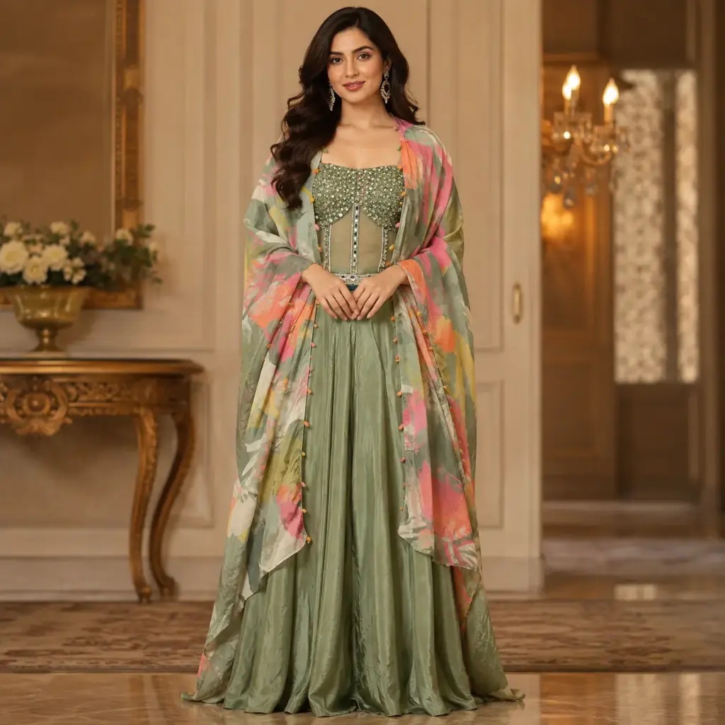 Sage Green Indo-Western Palazzo Set with Embellished Crop Top n Printed Cape