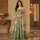Sage Green Indo-Western Palazzo Set with Embellished Crop Top n Printed Cape