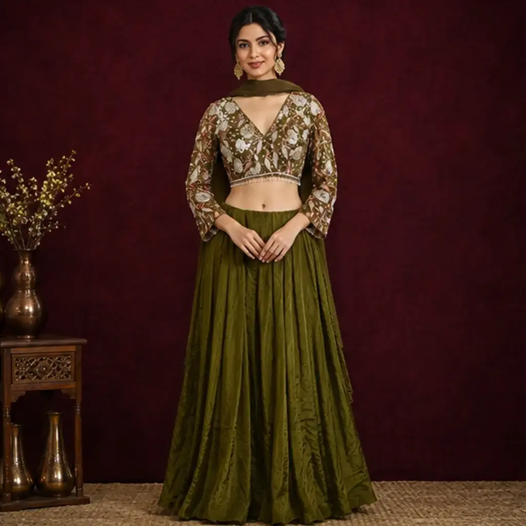Women’s Olive Green Embroidered Crop Top with Flared Palazzo n Dupatta, Designer Ethnic Set for Wedding