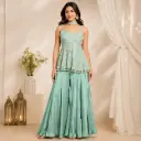 Women’s Sea Green Embroidered Indo-Western Sleeveless Peplum Top with Flared Palazzo 