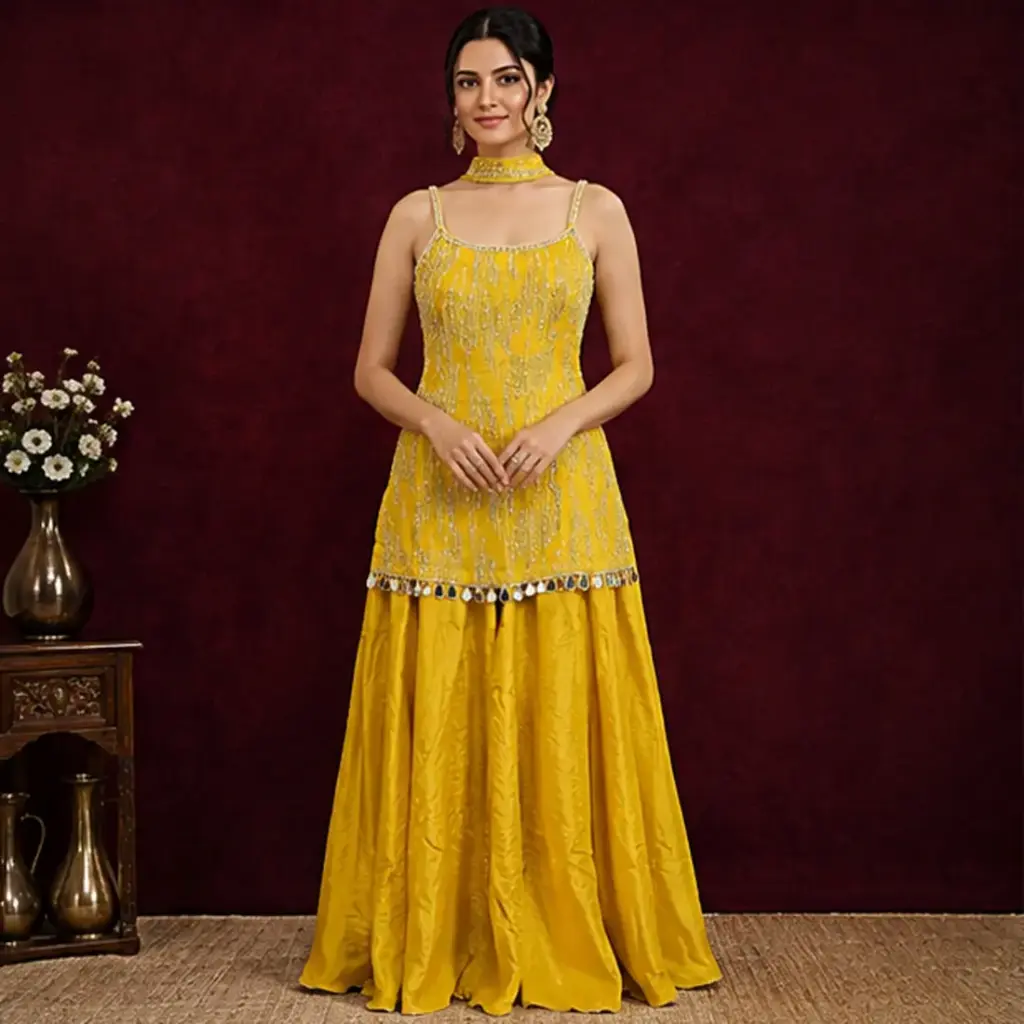 Women’s Yellow Embellished Crop Top with Flared Palazzo, Designer Ethnic Set for Wedding, Festive, Sangeet n Party Wear