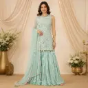 Women’s Aqua Blue Embroidered Indo-Western Sleeveless Top with Flared Palazzo and Dupatta Set