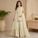 Ivory Floral Embroidered Indo-Western Palazzo Set with Dupatta