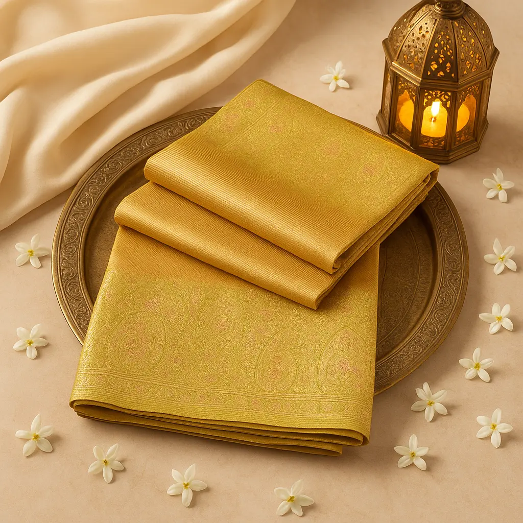 Exquisite Champagne Gold and Olive Green Designer Silk Saree