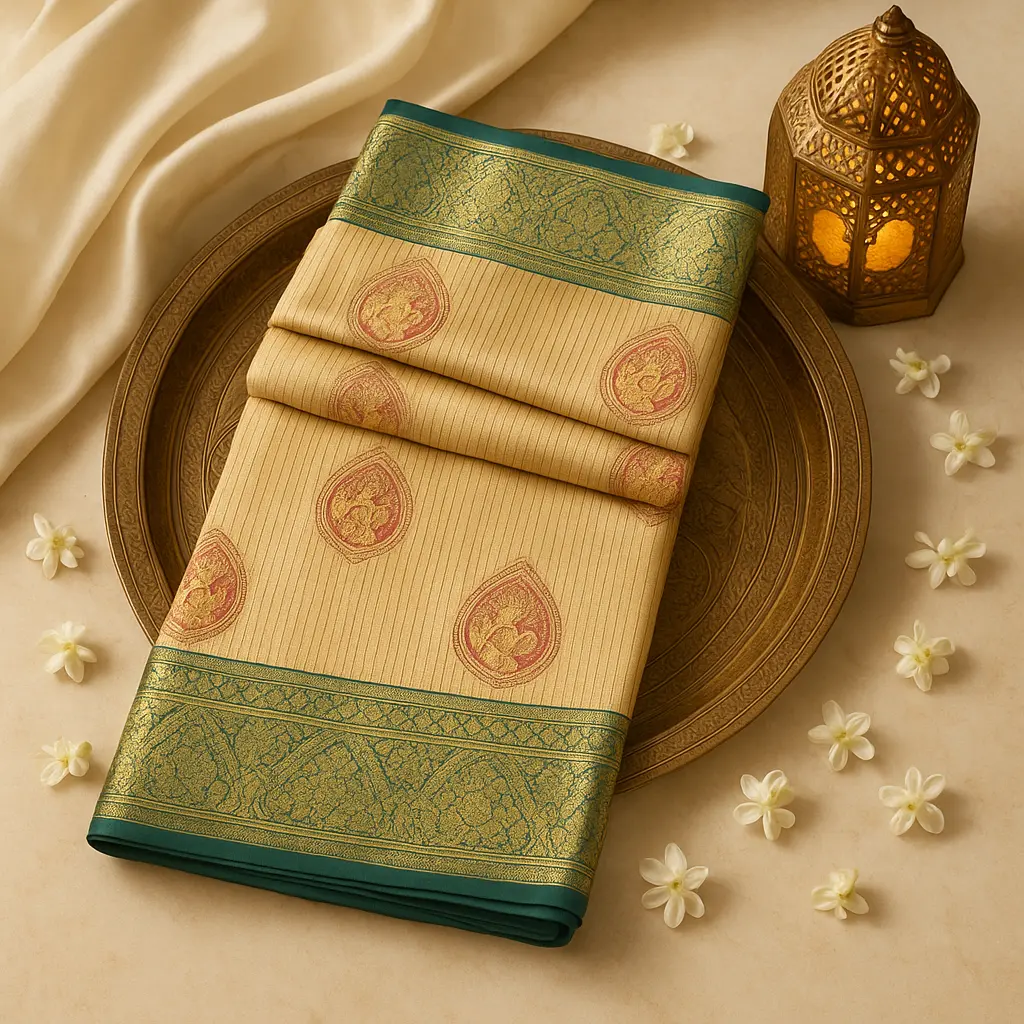 Elegant Cream and Green Zari Woven Designer Silk Saree