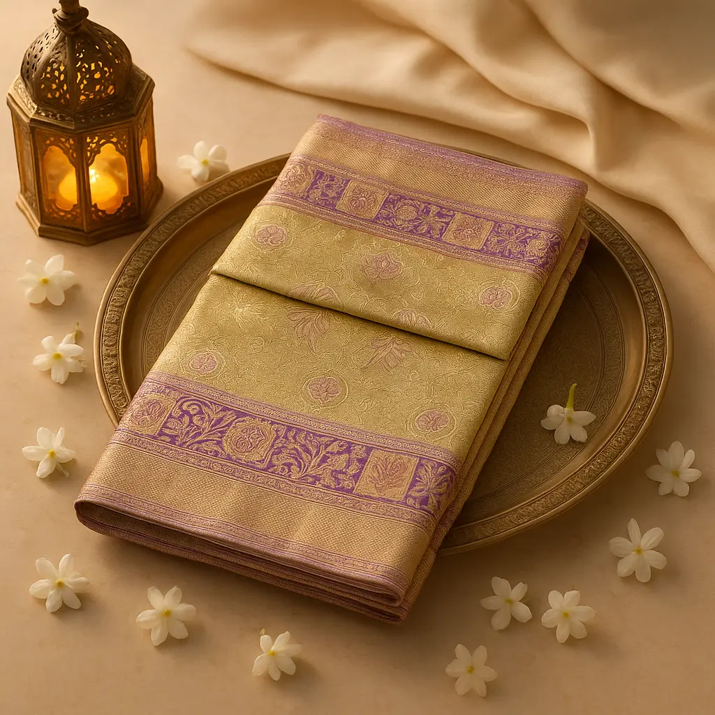 Royal Gold and Purple Silk Banarasi Saree with Zari