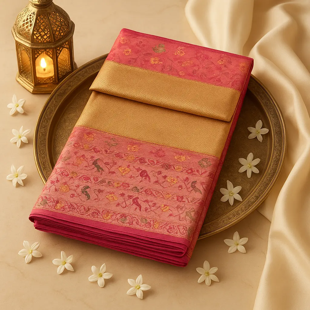 Elegant Pink and Gold Zari Woven Silk Designer Saree