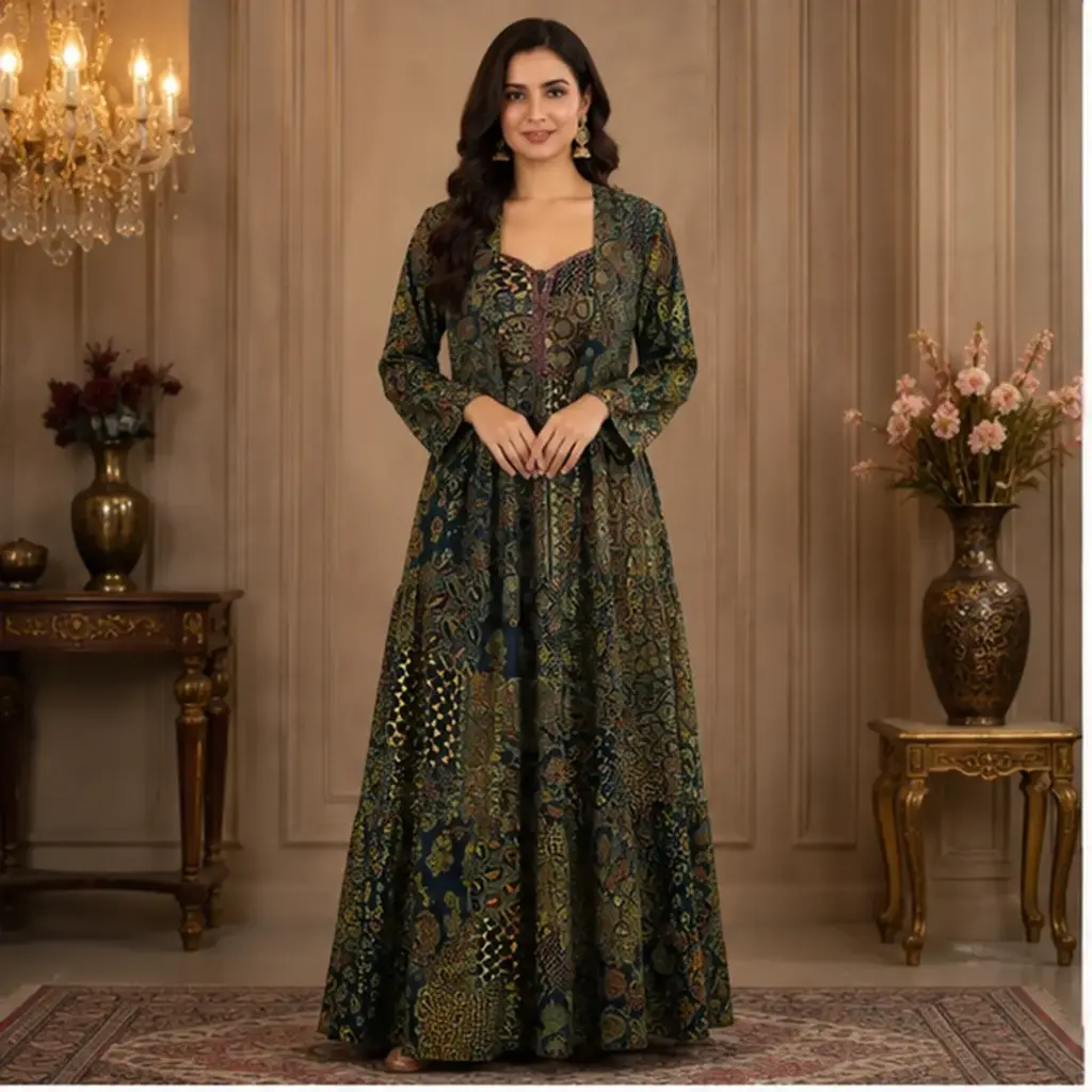 Women’s Green Printed Long Gown with Matching Jacket, Elegant Ethnic Party Wear for Wedding