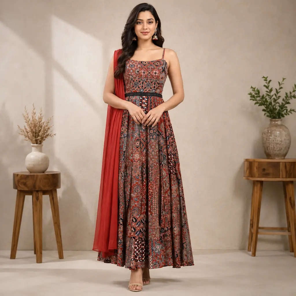 Women’s Red Printed Gown with Matching Dupatta, Stylish Strappy Neckline, Flared Floor-Length Silhouette for Wedding