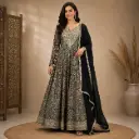 Women’s Black Printed Long Gown with Dupatta and Gold Detailing, Elegant Ethnic Party Wear for Wedding