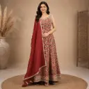 Women’s Red Printed Ethnic Anarkali Gown with Matching Dupatta, Elegant Embellished Neckline for Wedding