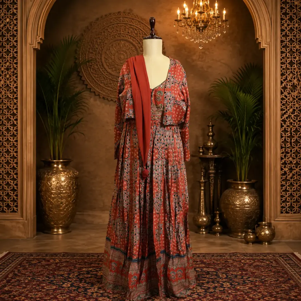Women’s Rust Orange Printed Long Gown with Jacket & Dupatta Set, Elegant Floral Ethnic Party Wear Outfit for Wedding