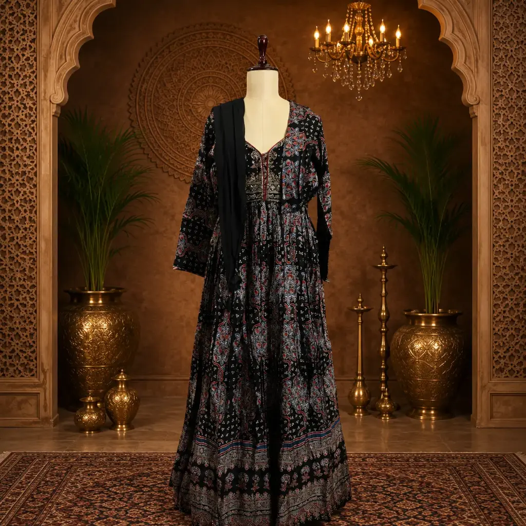 Women’s Black Printed Long Gown with Matching Jacket n Dupatta, Elegant Flared Ethnic Outfit for Wedding