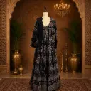 Women’s Black Printed Long Gown with Matching Jacket n Dupatta, Elegant Flared Ethnic Outfit for Wedding