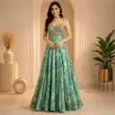 Women’s Mint Green Printed Gown with Embellished Neckline and Matching Dupatta