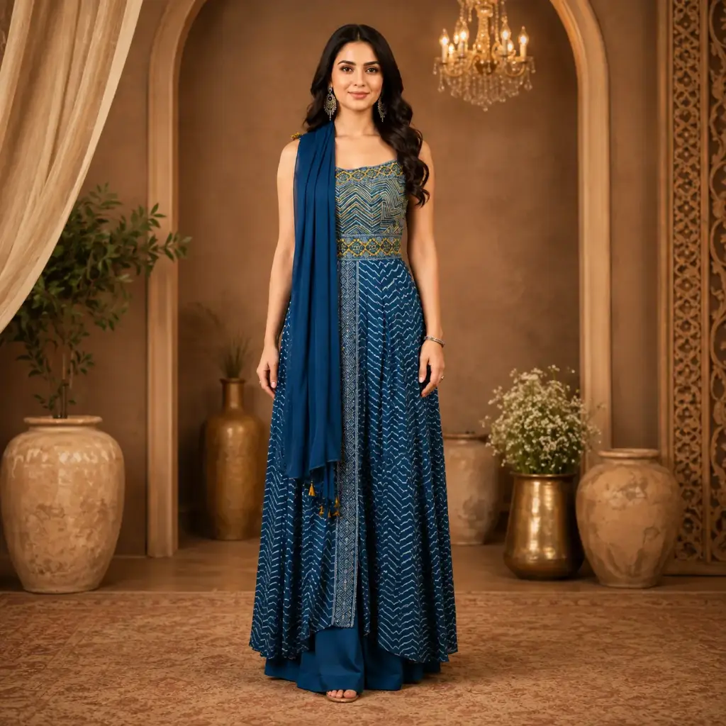 Women’s Navy Blue Printed Gown with Matching Dupatta, Embellished Waist Detailing and Flowing Floor-Length Silhouette 