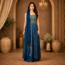 Women’s Navy Blue Printed Gown with Matching Dupatta, Embellished Waist Detailing and Flowing Floor-Length Silhouette 