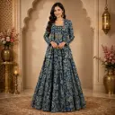 Women’s Blue Printed Blouse Jacket with Flared Skirt Set, Designer Ethnic Co-Ord Outfit for Wedding