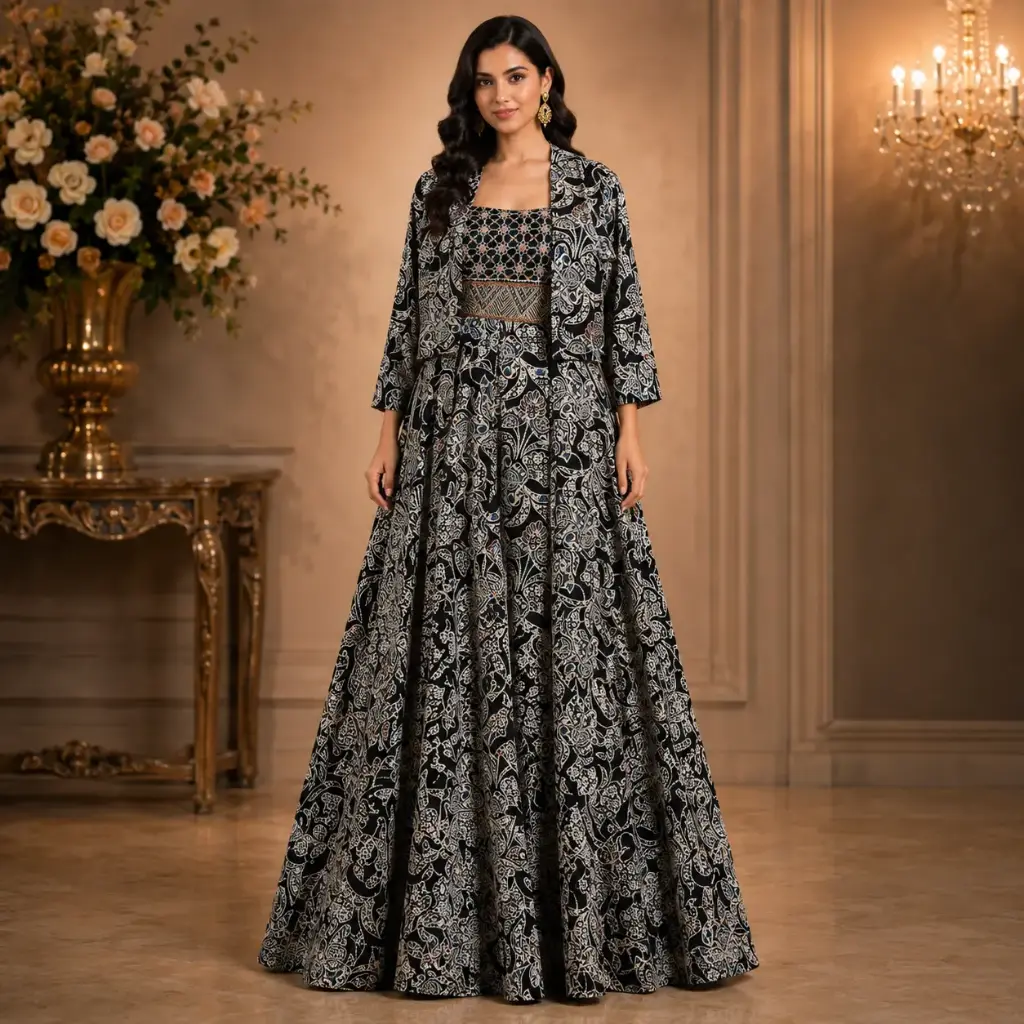 Women’s Black Printed Gown with Matching Jacket, Designer Ethnic Party Wear Dress with Flared Silhouette for Wedding