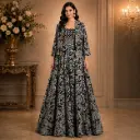 Women’s Black Printed Gown with Matching Jacket, Designer Ethnic Party Wear Dress with Flared Silhouette for Wedding