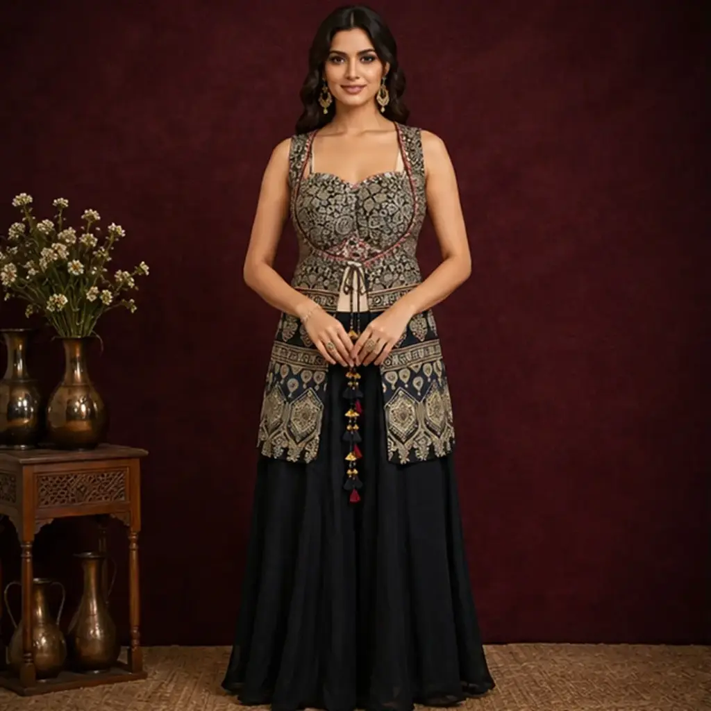 Women’s Black Printed Embroidered Crop Top with Flared Palazzo, Designer Ethnic Set