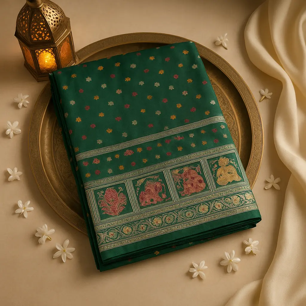 Exquisite Emerald Green Silk Banarasi Saree With Intricate Weaving