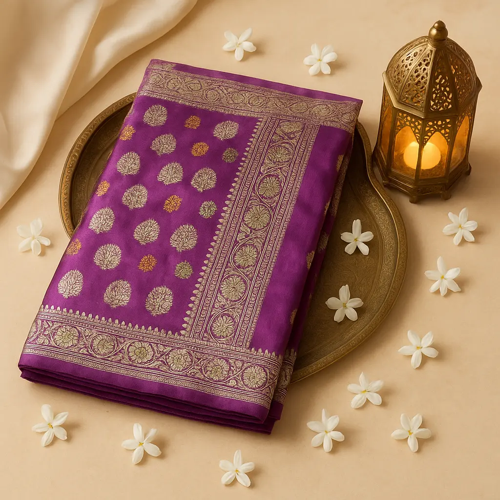 Exquisite Purple Silk Saree with Traditional Zari Floral Motifs 