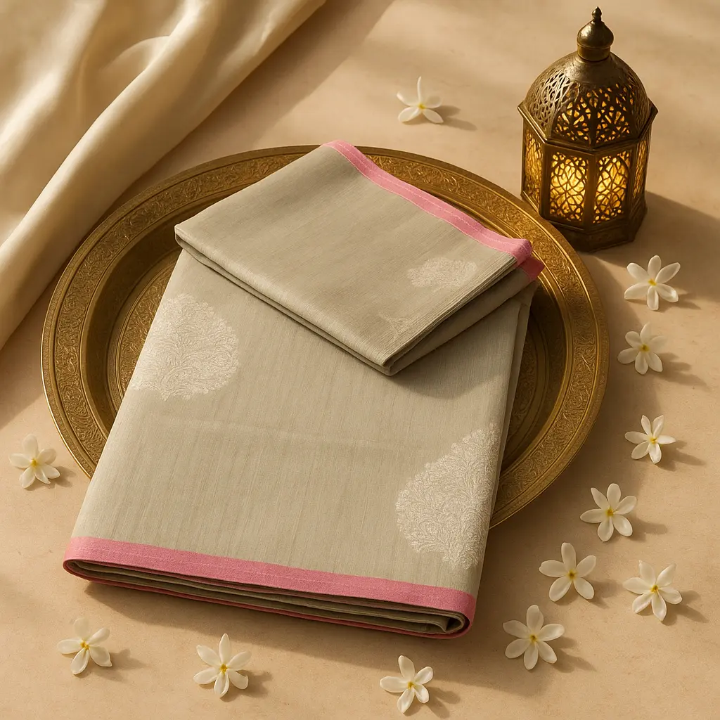 Elegant Grey Silk Saree with Pink Border and Zari Work