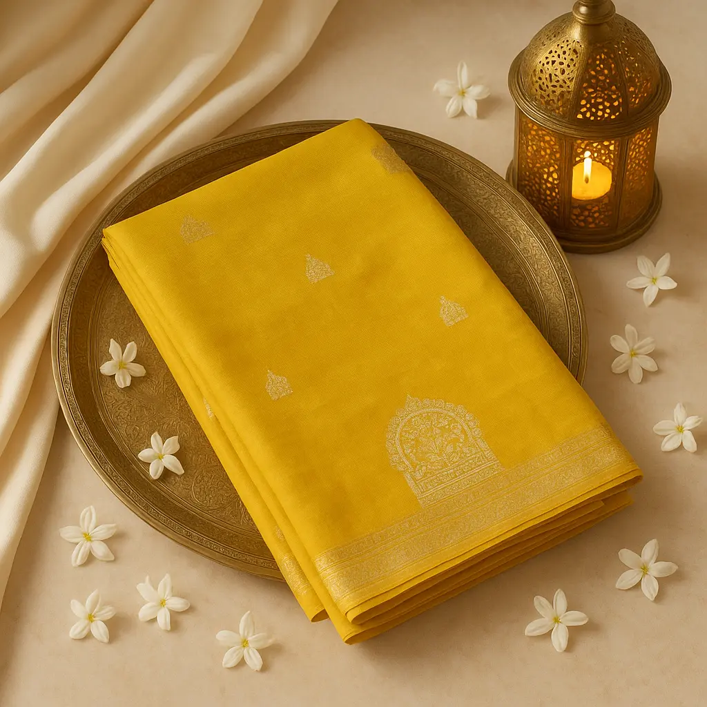 Radiant Mustard Silk Saree with Intricate Silver Zari Work