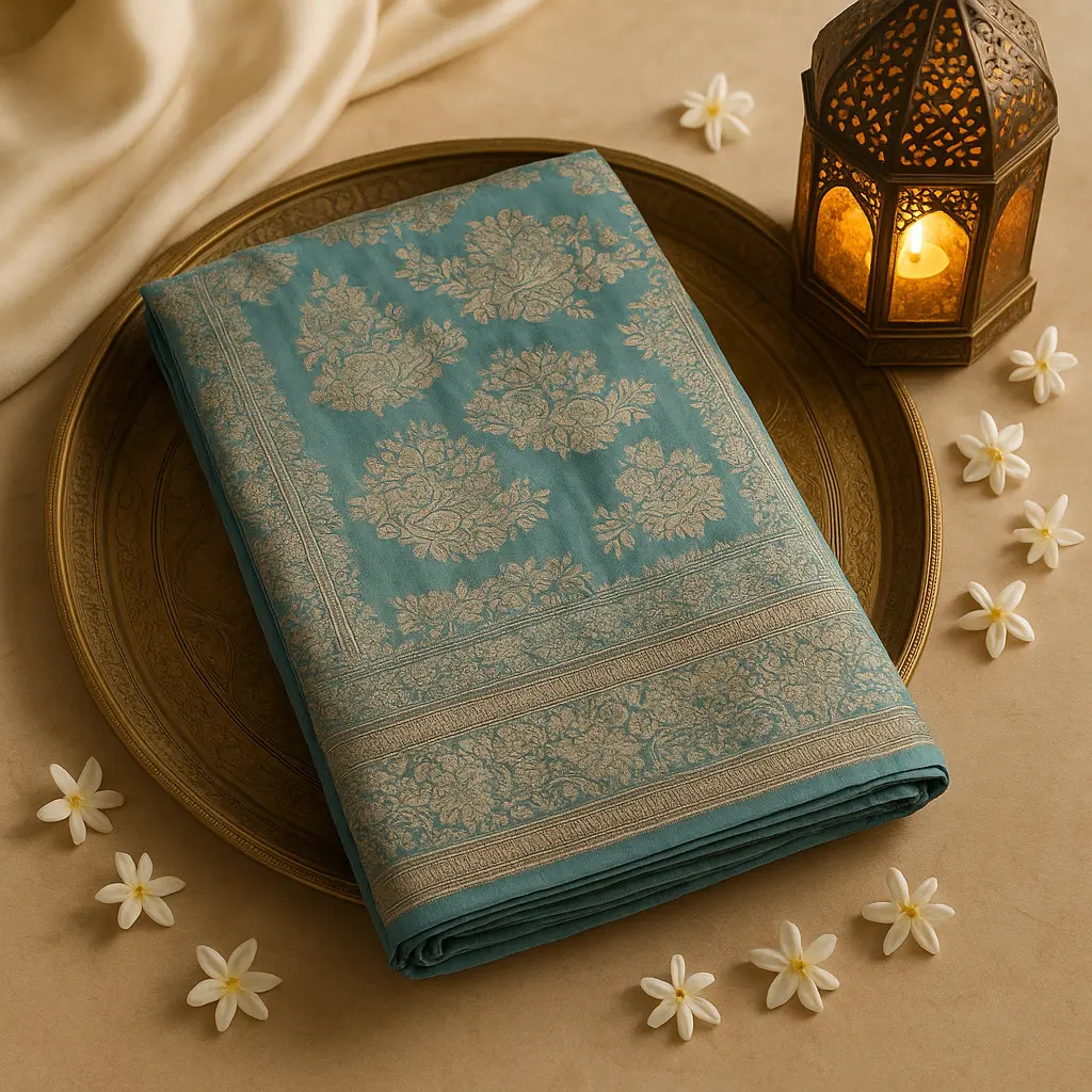 Elegant Sage Green Floral Zari Silk Designer Saree