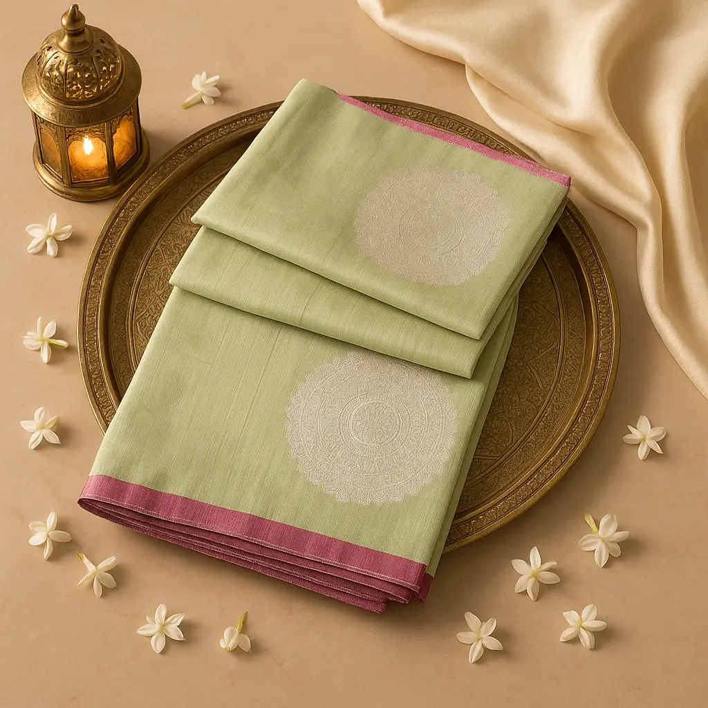 Elegant Sage Green Silk Saree with Silver Zari Motifs