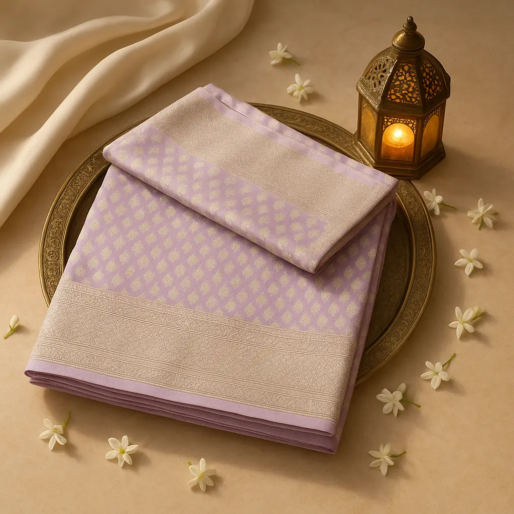 Exquisite Lavender Floral Zari Weave Silk Designer Saree
