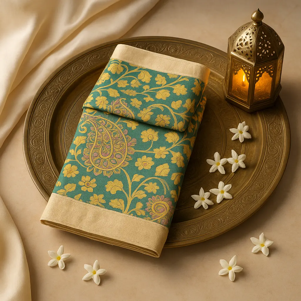 Elegant Teal Floral Printed Saree with Traditional Zari Border