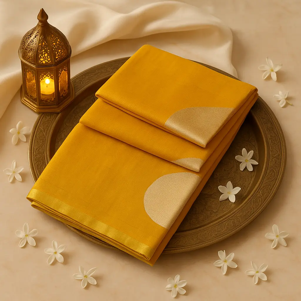 Mustard Yellow Silk Saree with Gold Zari Circular Motifs 