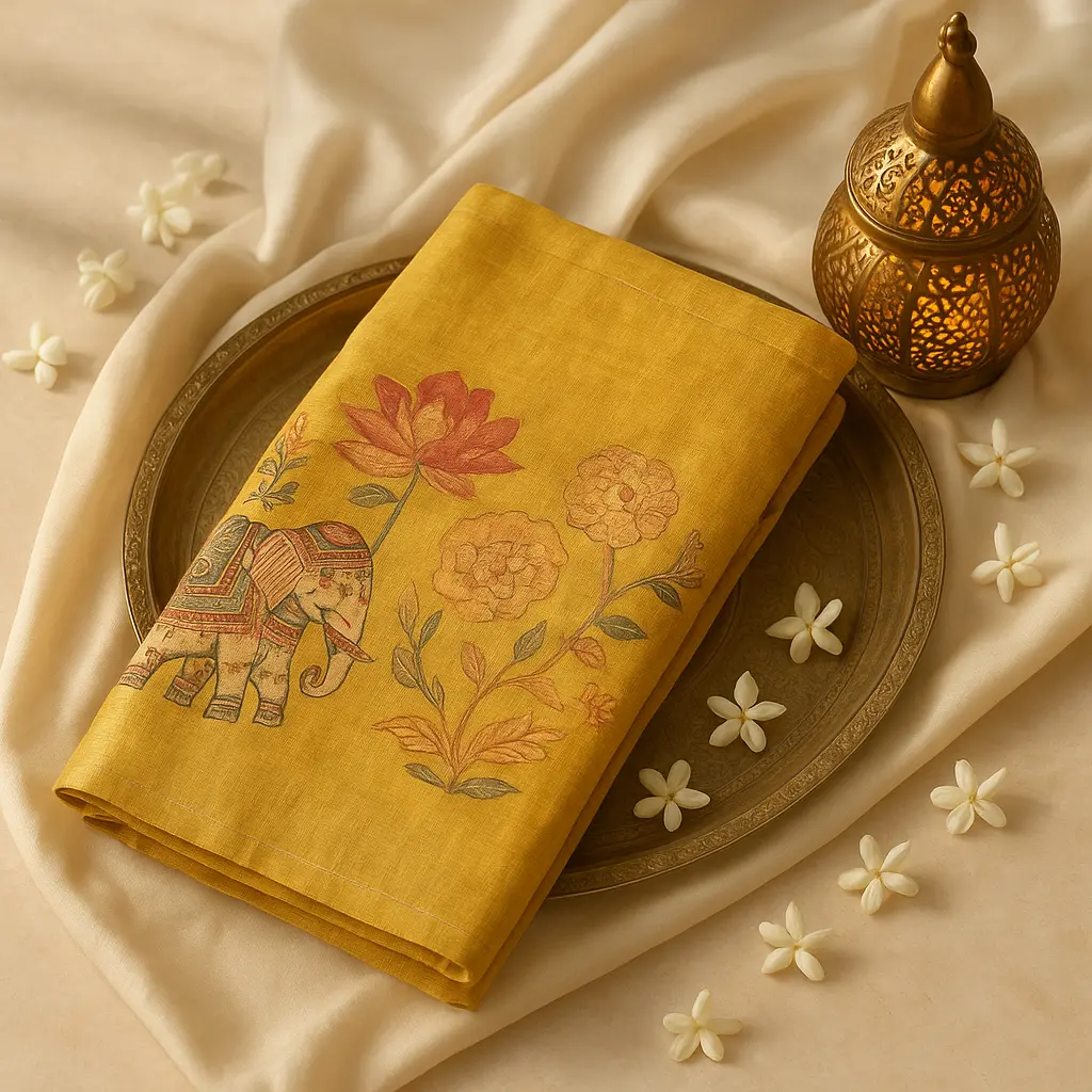 Mustard Designer Saree with Floral Elephant Print and Zari Border 