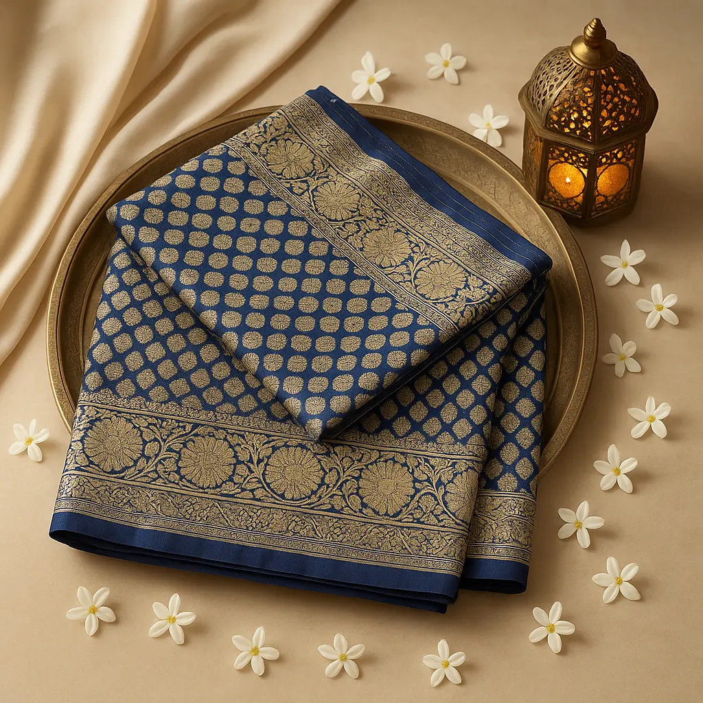 Elegant Navy Blue Banarasi Silk Saree with Zari Border
