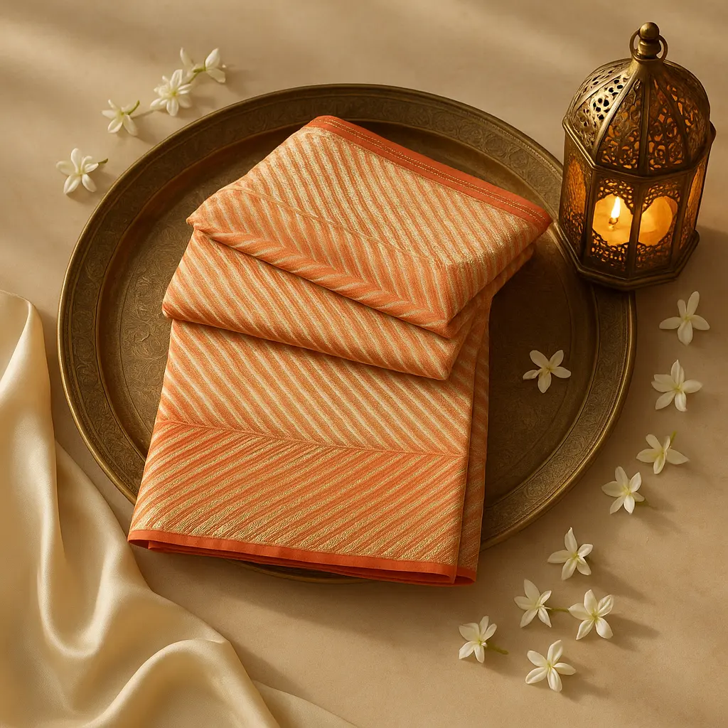 Elegant Orange Striped Banarasi Silk Saree with Zari Border