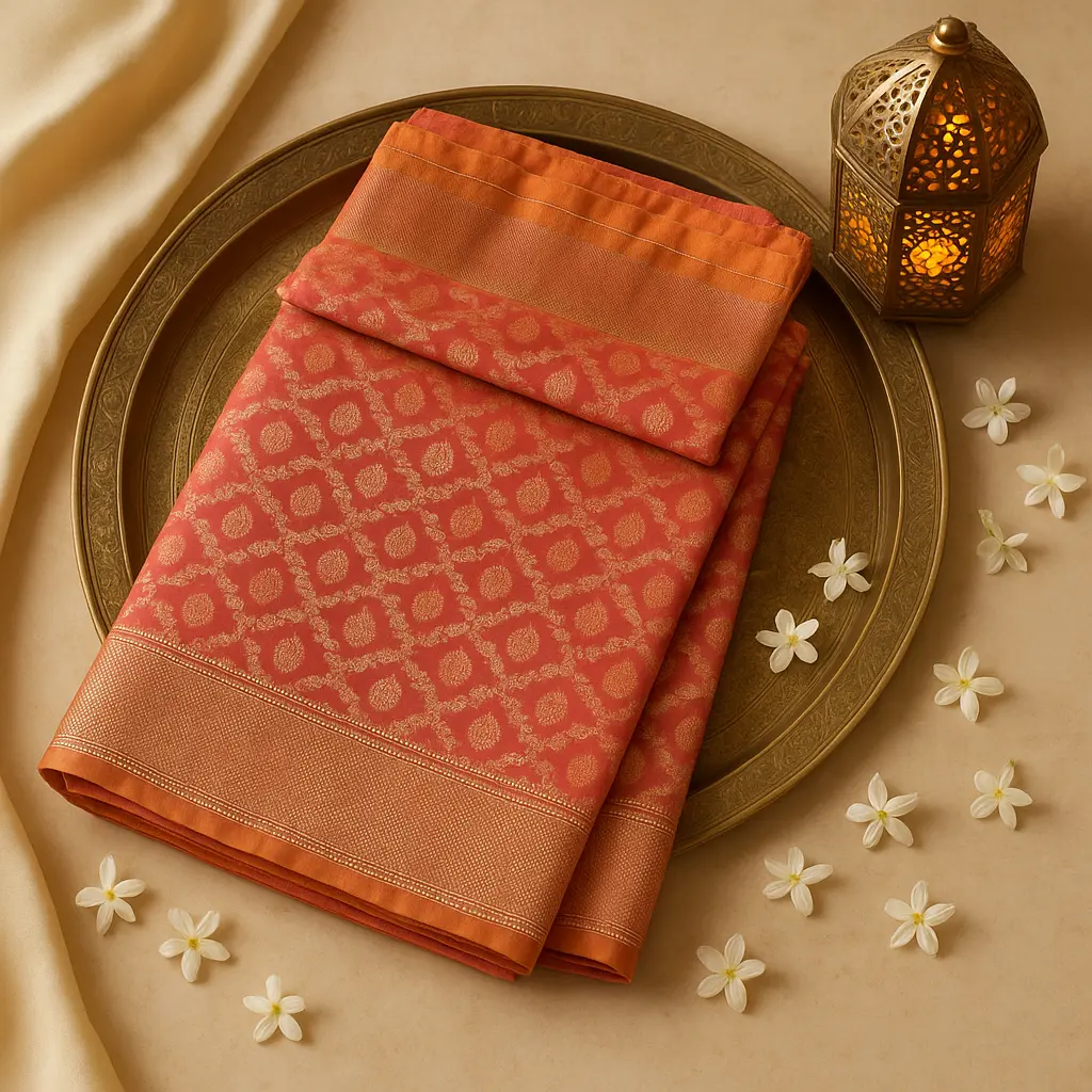 Exquisite Pink and Orange Banarasi Silk Festive Saree