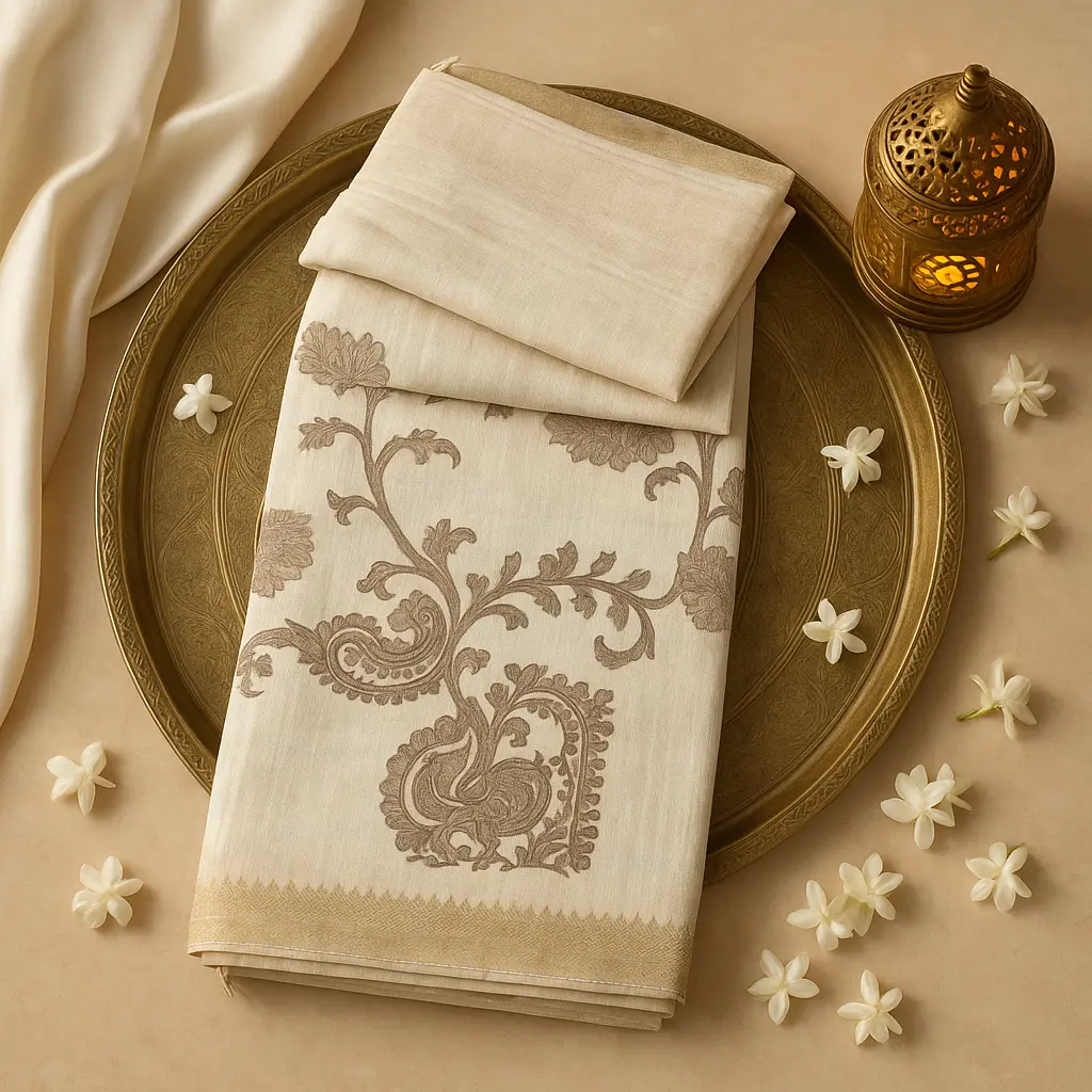 Elegant Cream Kalamkari Print Saree with Gold Zari Border 