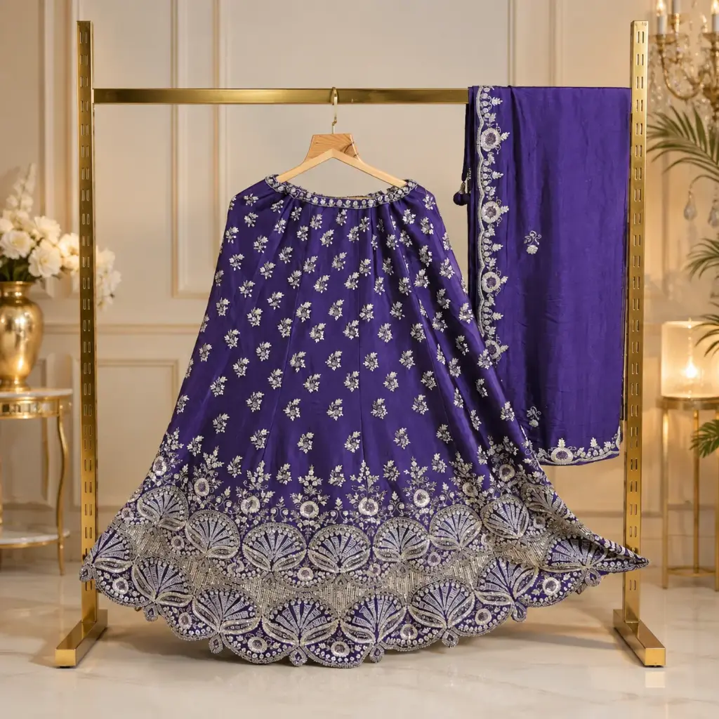 Women’s Royal Purple Embroidered Lehenga with Dupatta, Silver Sequin Work, Heavy Scalloped Border